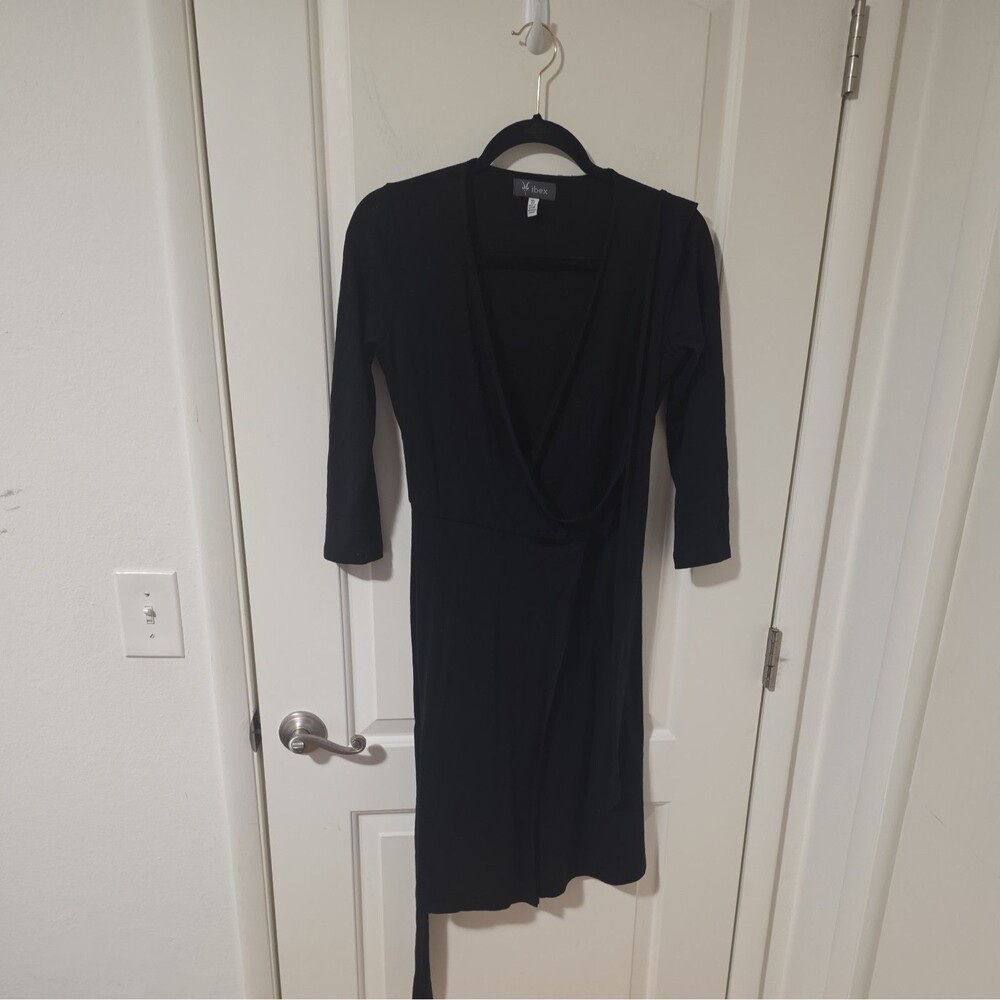 Ibex Ferryn Wrap Dress •XS• Long Sleeve Merino Wool black Made In USA